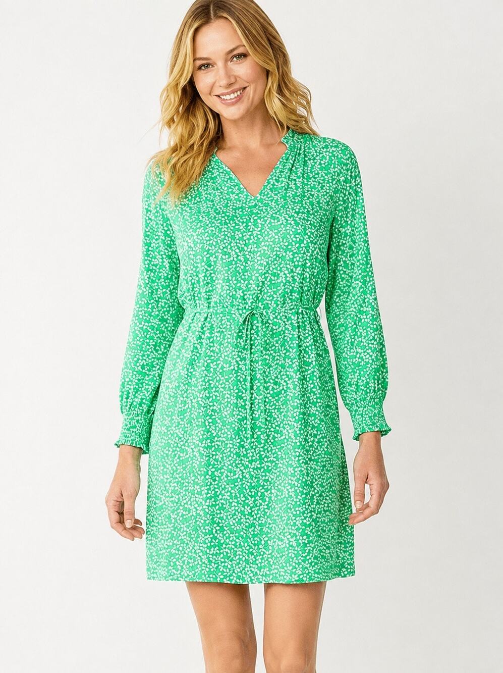 Draper James RSVP Green Leaf Print Smocked Sleeve Tie Waist V Neck Dress Medium
